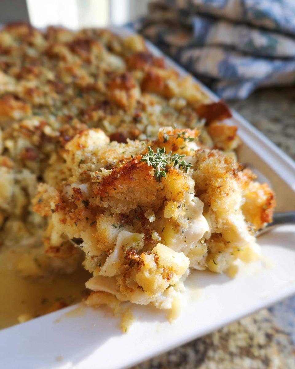 A close-up of a serving spoon scooping out a portion of a golden-brown baked stuffing casserole.