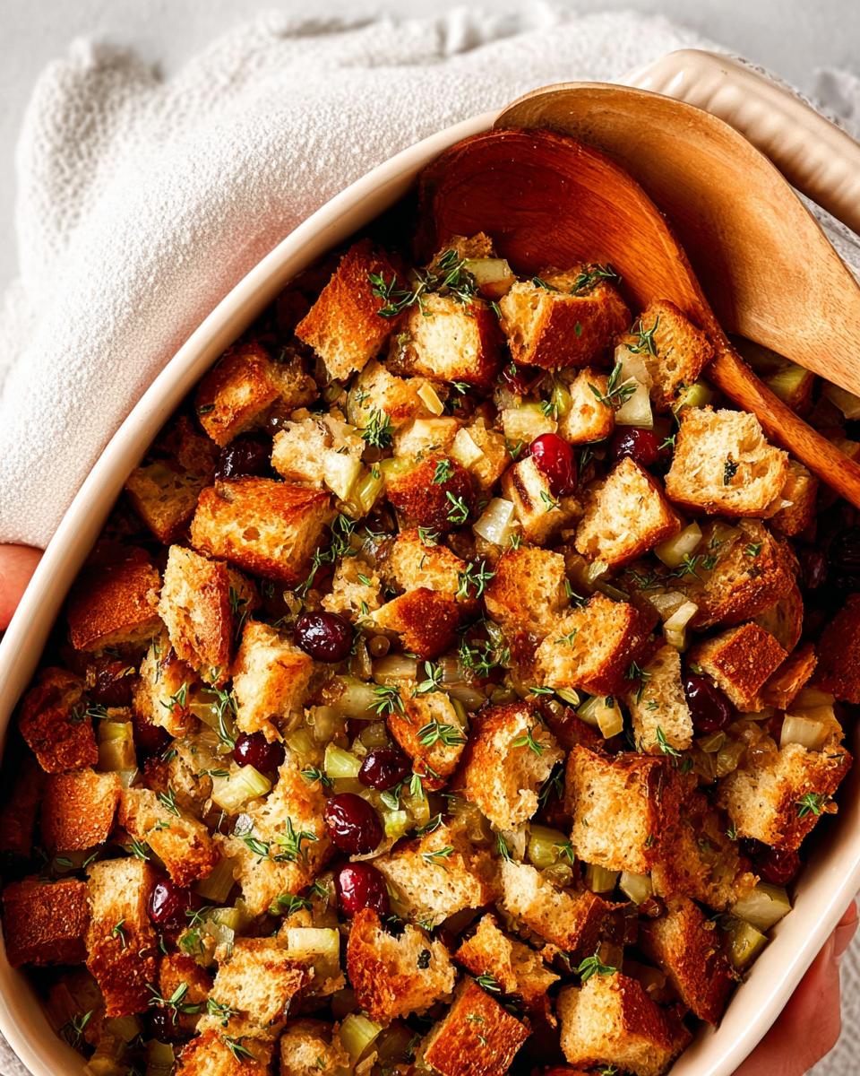 Close-up of a baking dish filled with homemade stuffing, featuring toasted bread cubes, cranberries, celery, and fresh thyme.