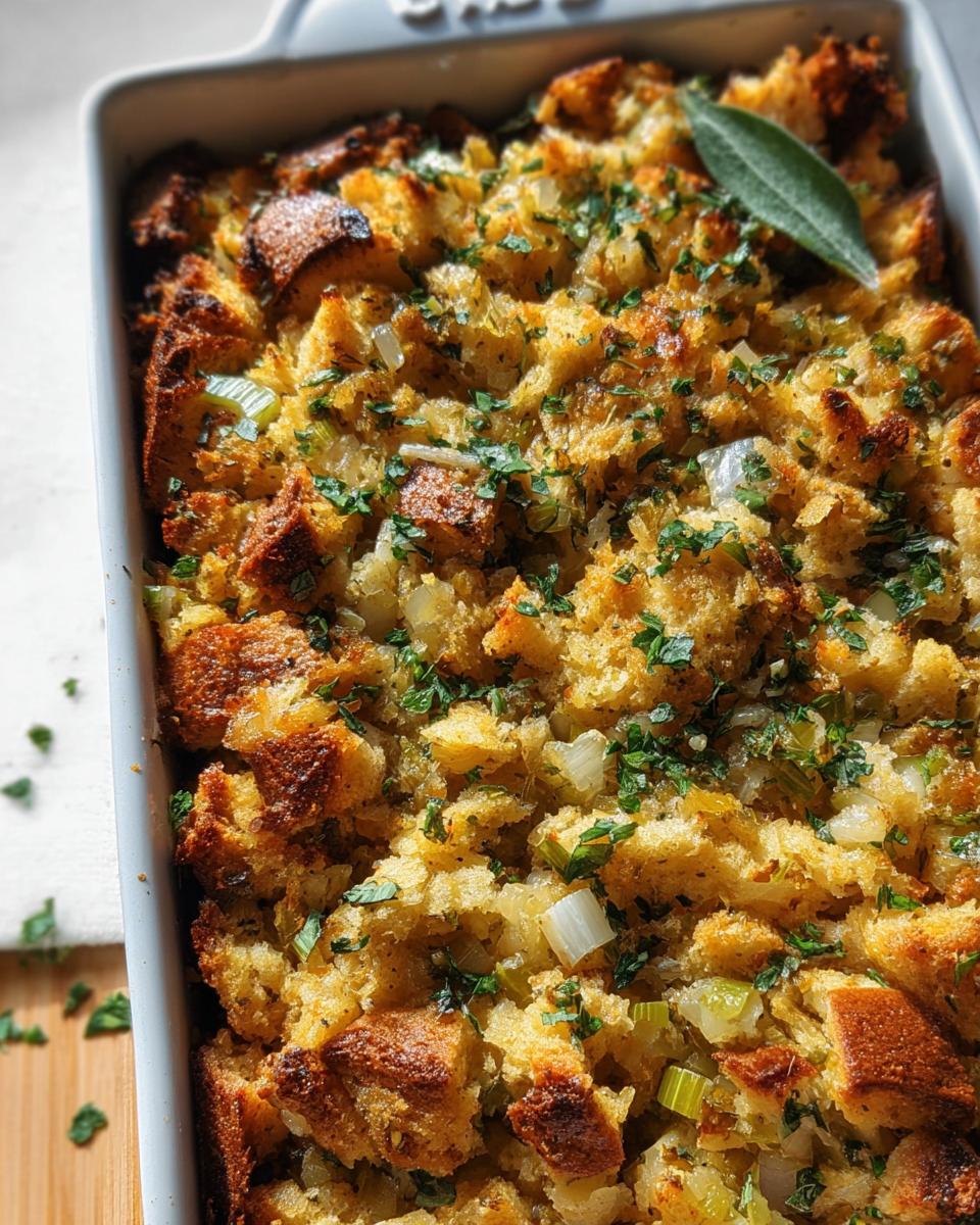Close-up of a baked stuffing recipe meal prep in a white baking dish, garnished with fresh parsley and a sage leaf.
