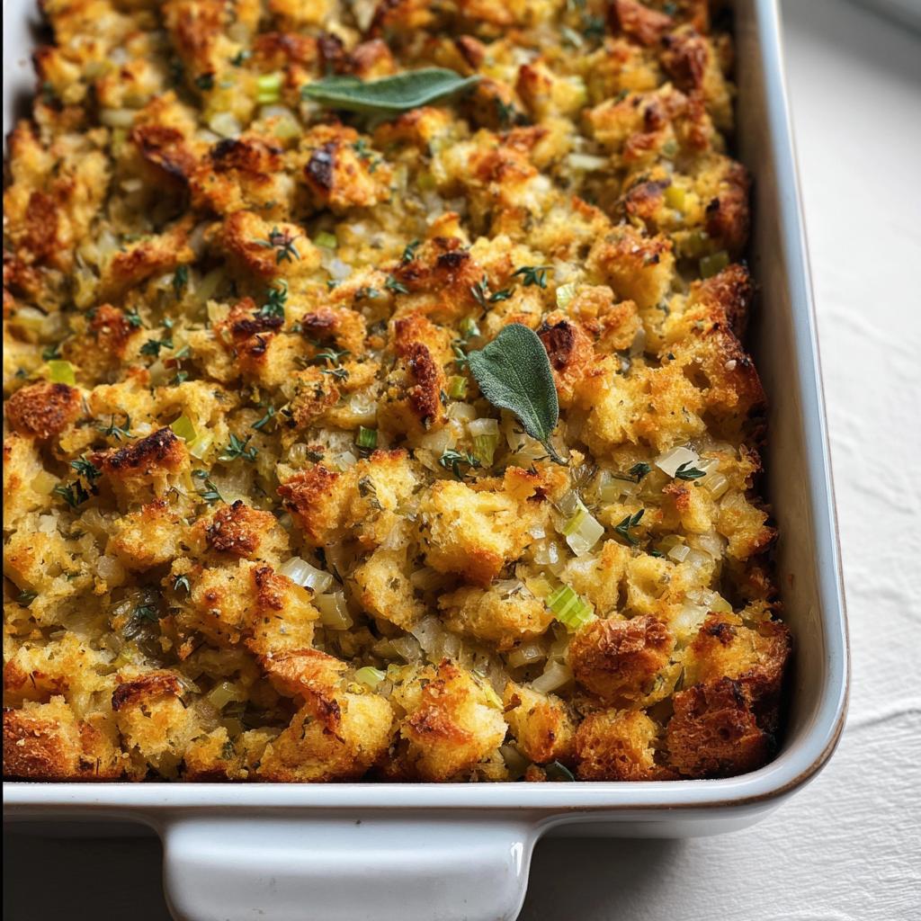 Close-up of a freshly baked stuffing recipe in a white baking dish, garnished with sage and thyme.