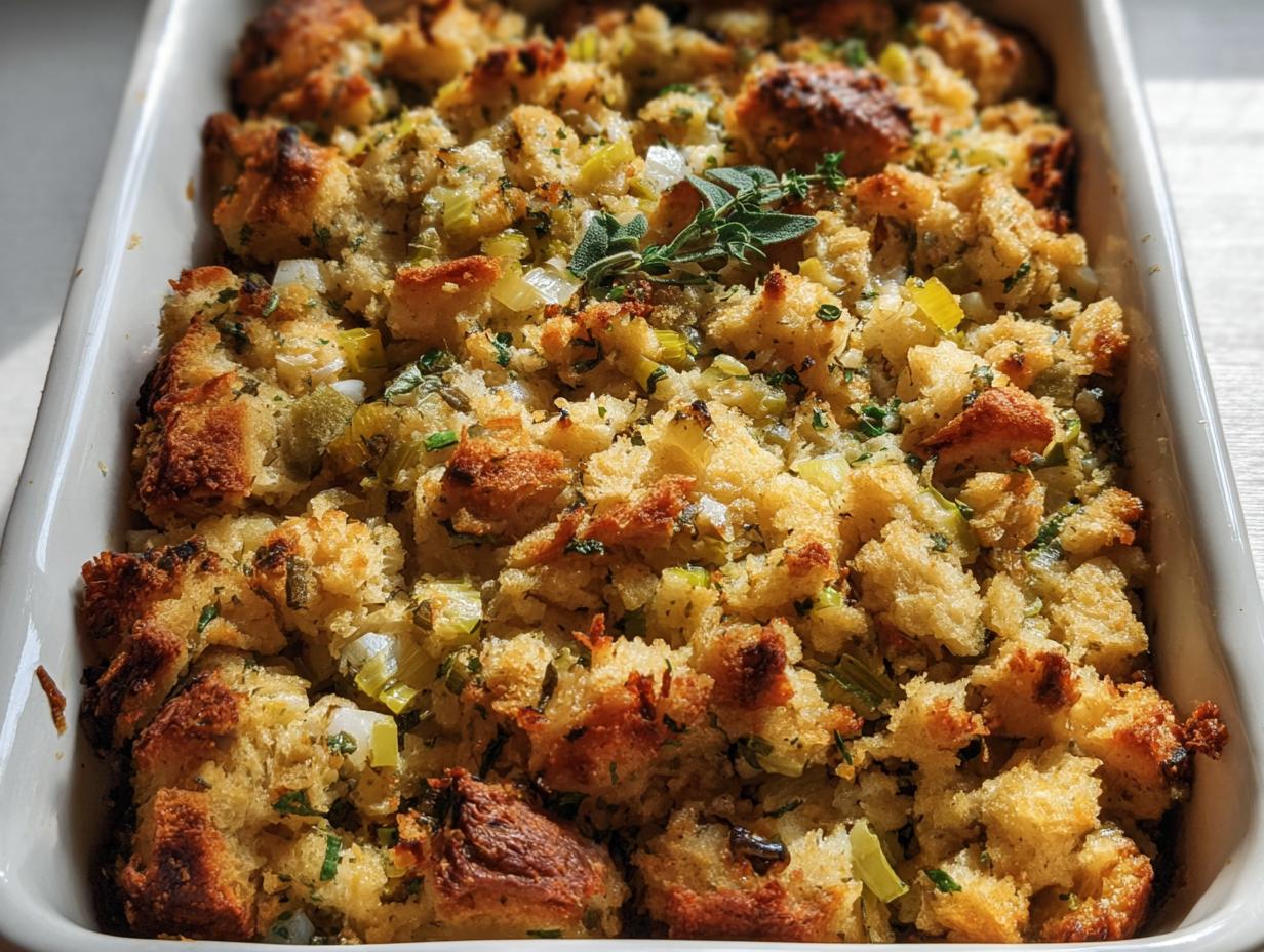 Close-up of a baking dish filled with golden-brown, homemade stuffing, featuring bread cubes, celery, and herbs.