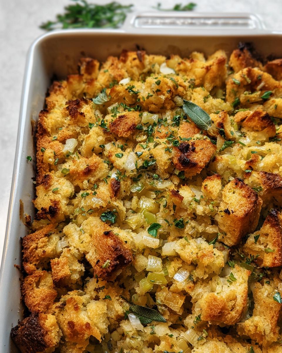 Close-up of a baking dish filled with golden brown stuffing, featuring bread cubes, celery, and herbs.