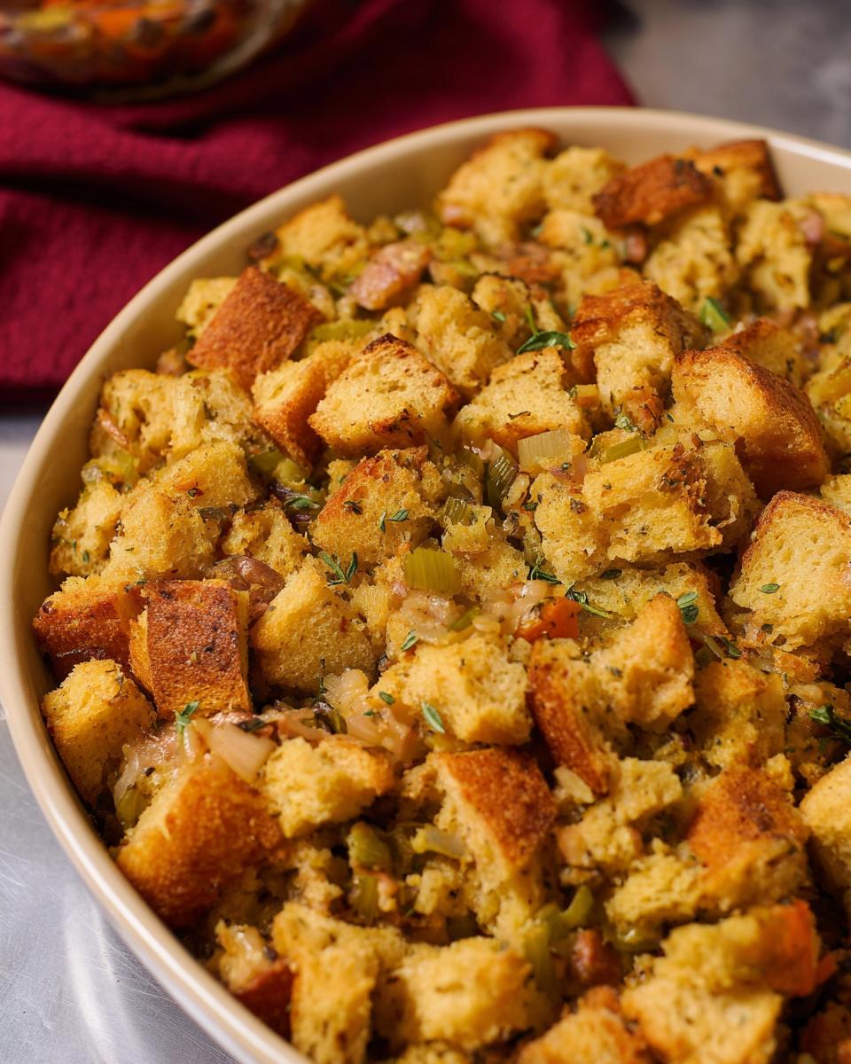 A close-up of a golden-brown dish filled with delicious stuffing recipes, featuring cubes of bread, celery, and herbs.
