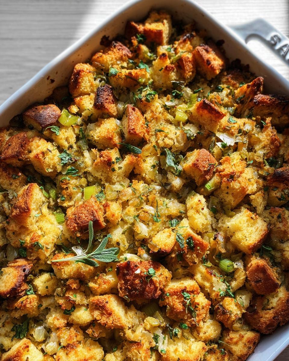 Close-up of a baking dish filled with golden-brown homemade stuffing, featuring bread cubes, herbs, and celery.