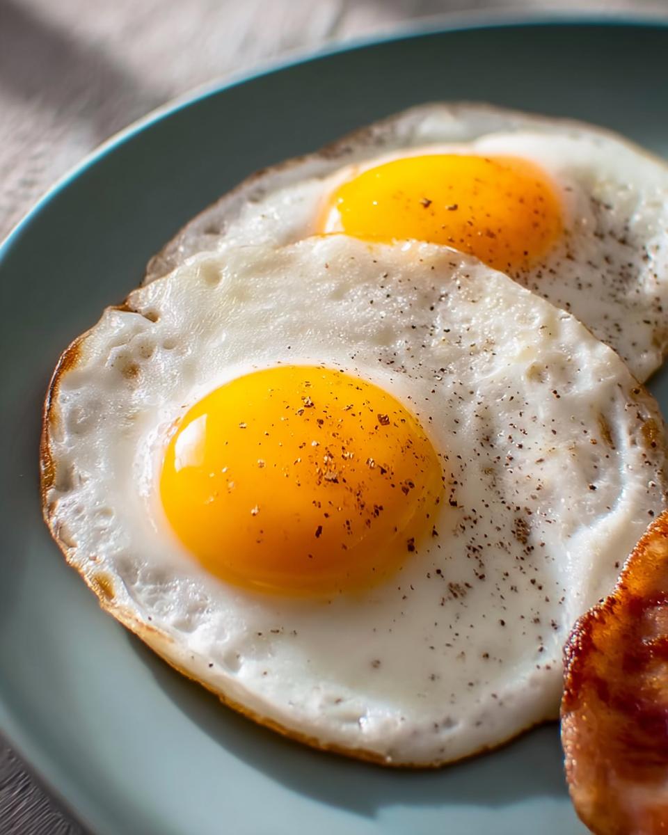 Two perfectly cooked sunny-side up eggs with bright yellow yolks, seasoned with black pepper, part of an egg recipe.