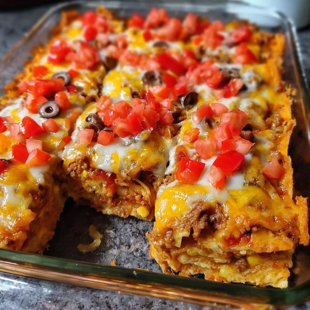 A close-up of a baked Taco Tuesday casserole in a glass dish, topped with melted cheese, tomatoes, and olives.