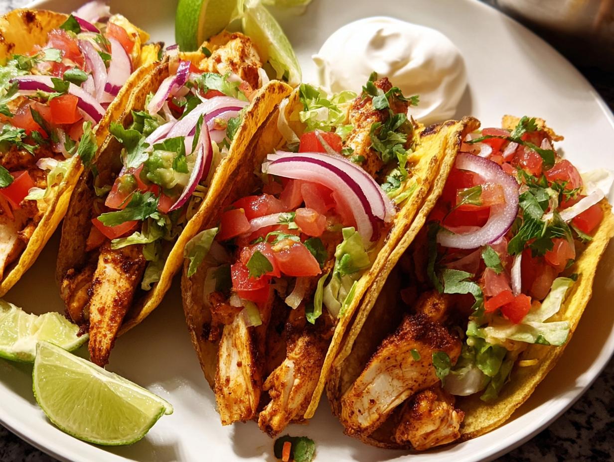 A plate of three chicken tacos, generously filled with shredded lettuce, diced tomatoes, red onions, and cilantro, served with lime wedges and sour cream. Perfect for Taco Tuesday recipes meal prep.