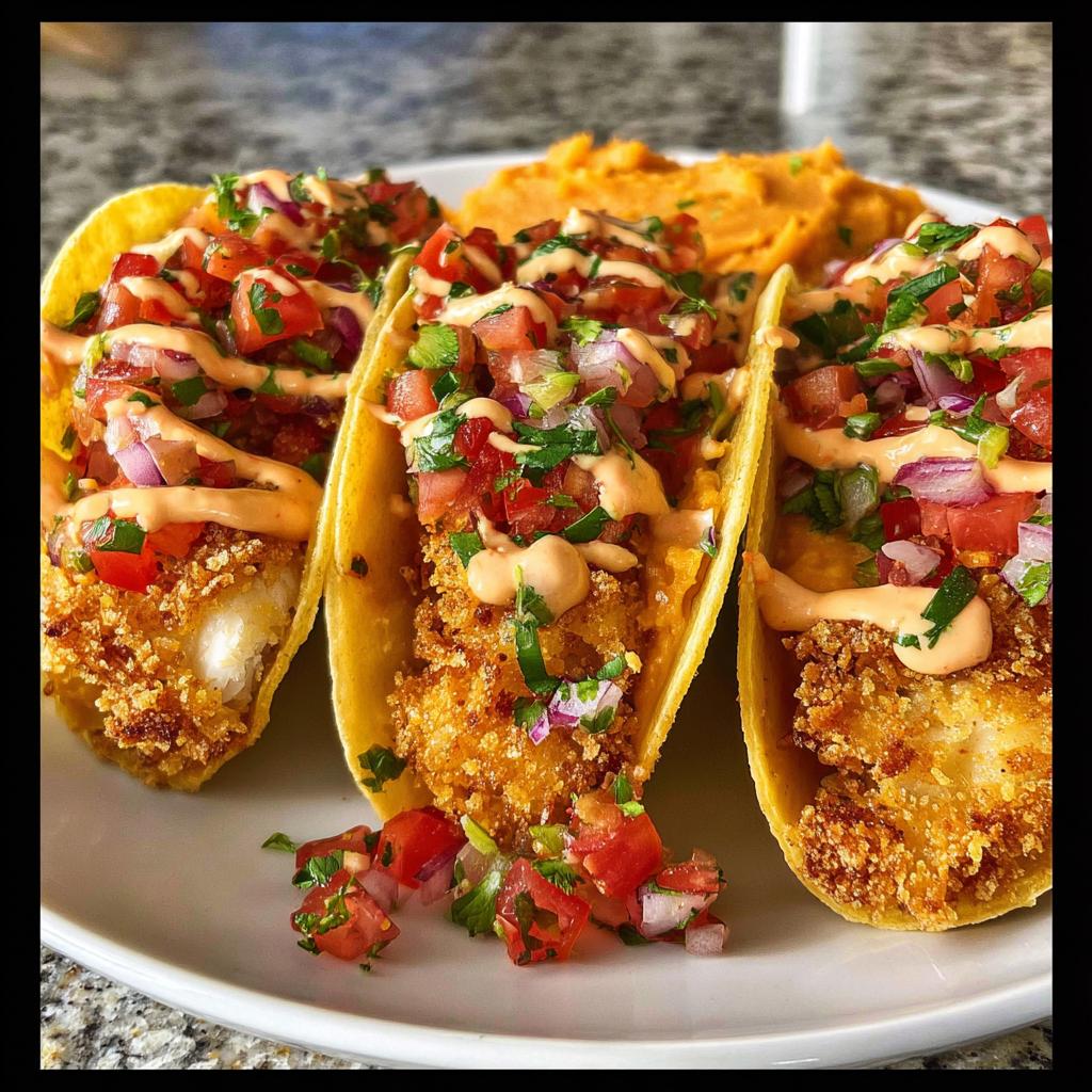 Three delicious fish tacos with crispy breaded fish, pico de gallo, and a creamy sauce, served with mashed sweet potatoes.
