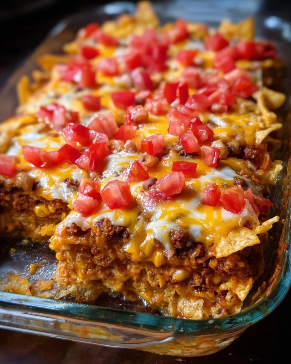 A close-up of a layered Taco Tuesday recipe casserole in a glass baking dish, topped with melted cheese, crushed tortilla chips, and diced tomatoes.