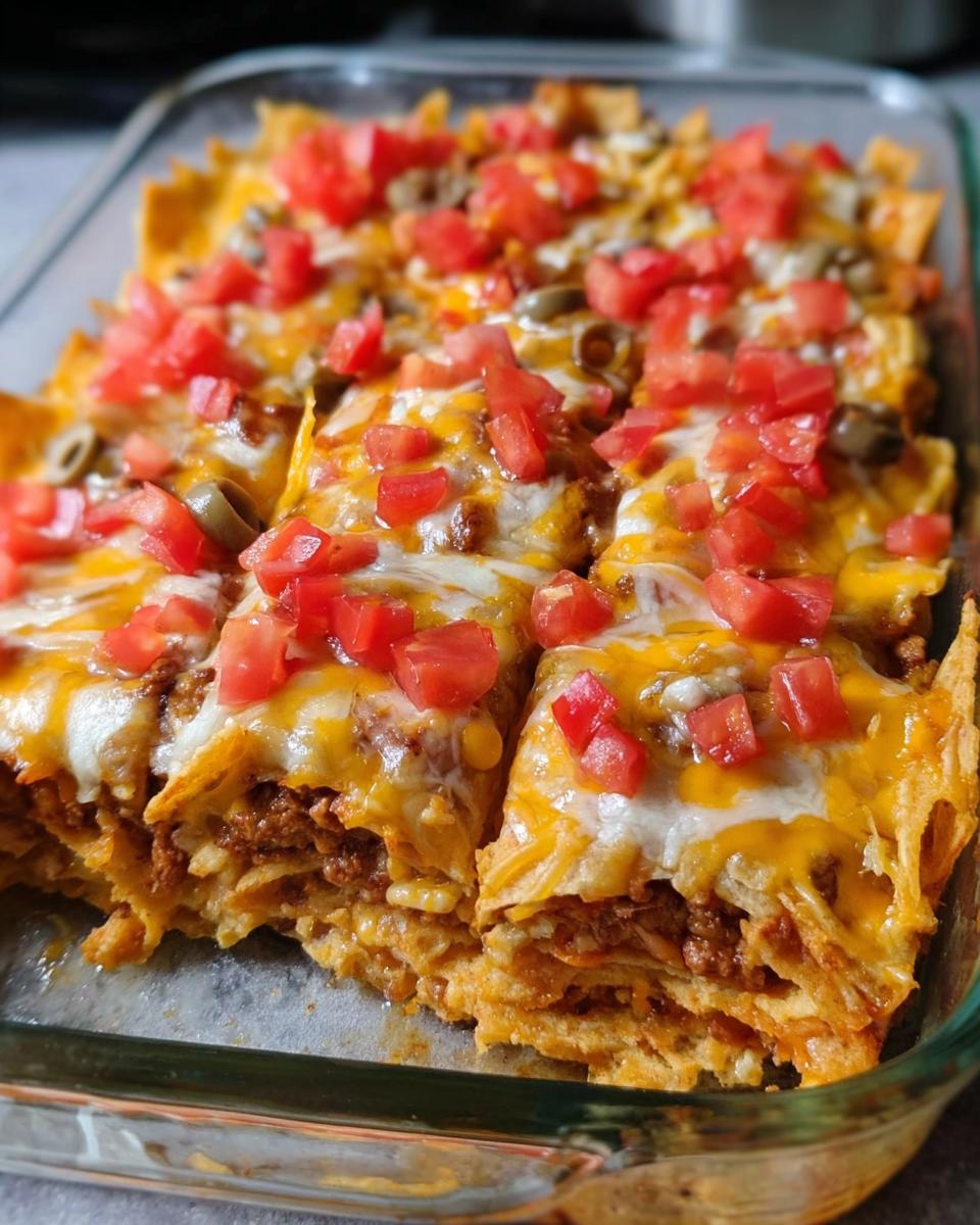 A close-up of a layered Taco Tuesday recipe casserole topped with melted cheese, diced tomatoes, and olives.