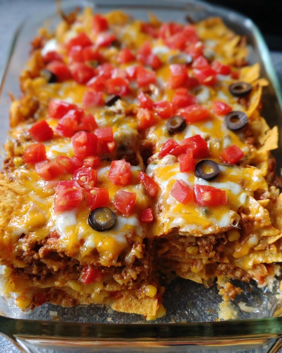 A delicious Taco Tuesday recipe casserole in a glass baking dish, topped with melted cheese, diced tomatoes, and black olives.