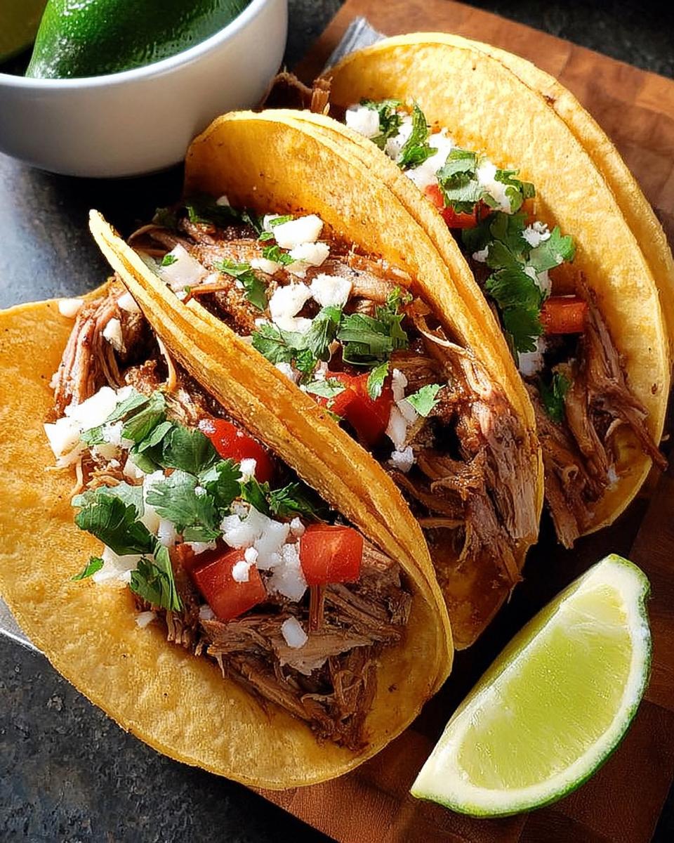 Three mouthwatering tacos filled with shredded meat, topped with diced tomatoes, onions, and cilantro, perfect for Taco Tuesday Recipes in 15 Minutes.