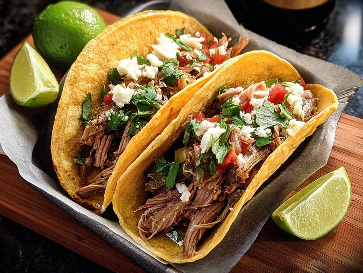 Two mouthwatering tacos filled with shredded meat, topped with cheese, cilantro, and tomatoes, perfect for Taco Tuesday Recipes.
