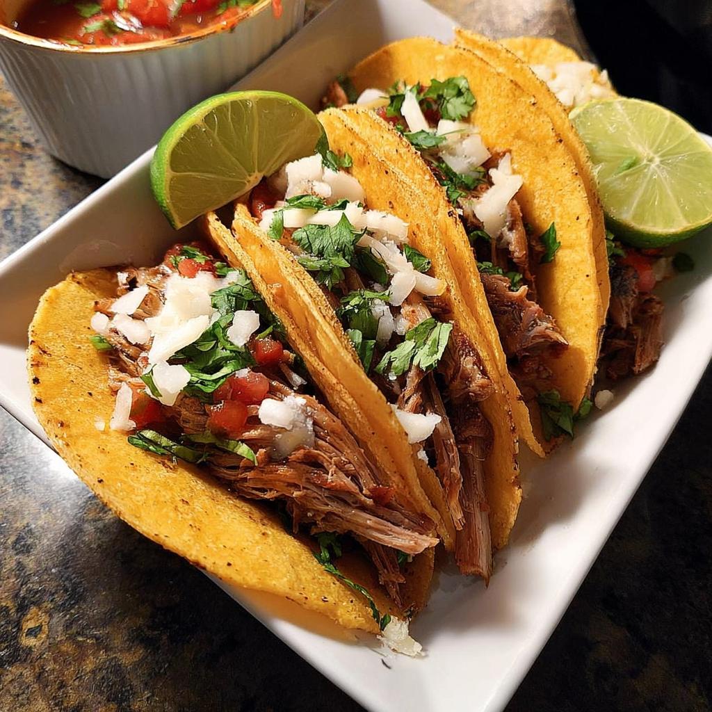 A plate of four delicious shredded beef tacos, topped with onions, cilantro, and lime wedges, perfect for Taco Tuesday.
