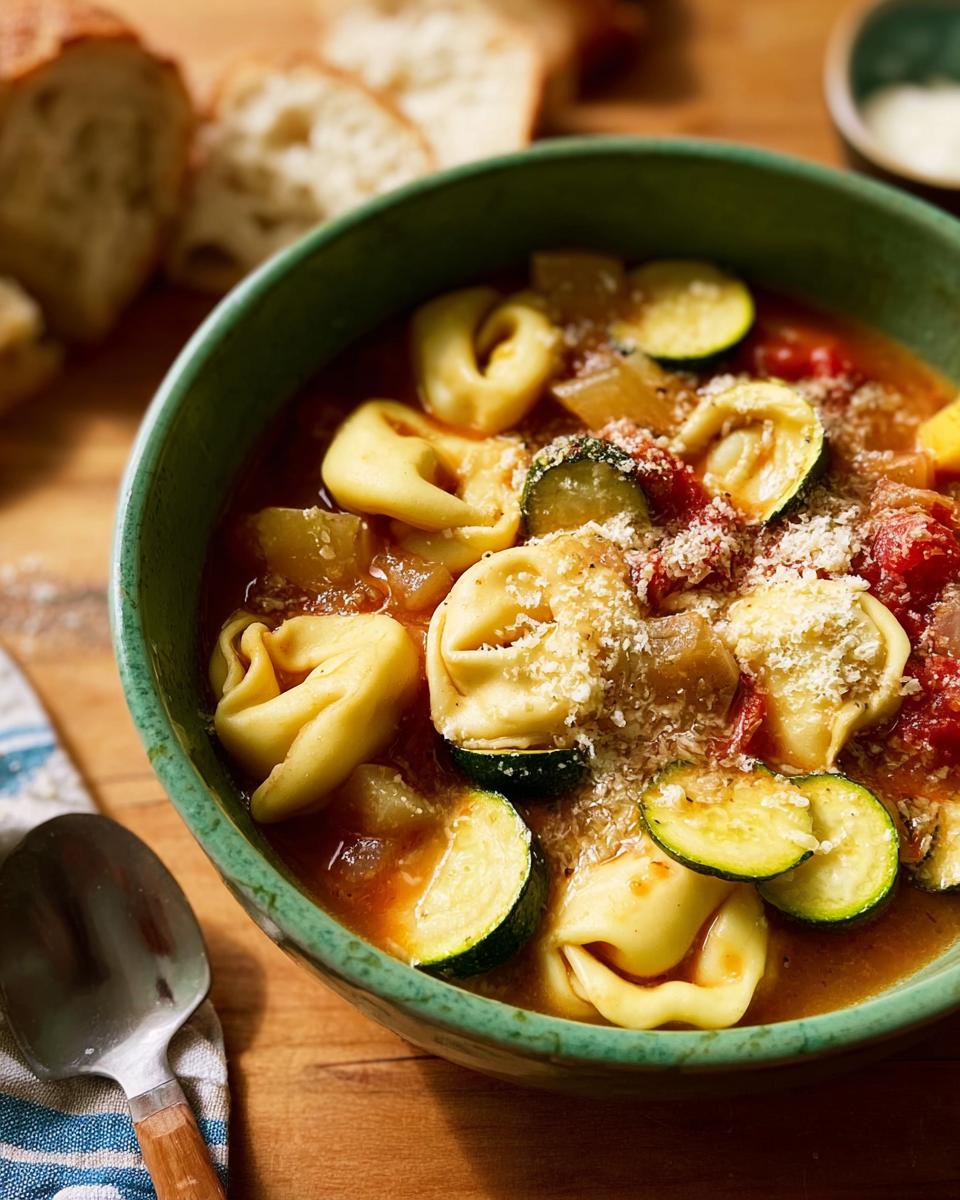 A hearty bowl of tortellini soup with zucchini, tomatoes, and grated cheese, perfect for busy weeknights.
