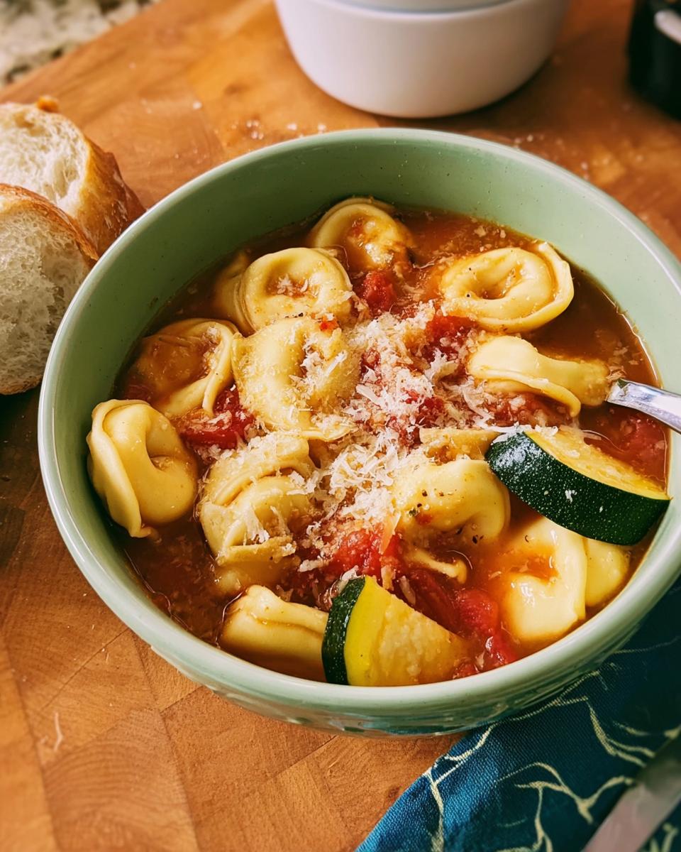 A delicious bowl of tortellini soup with tomatoes, zucchini, and grated cheese, part of 15 Genius Soup Recipes.