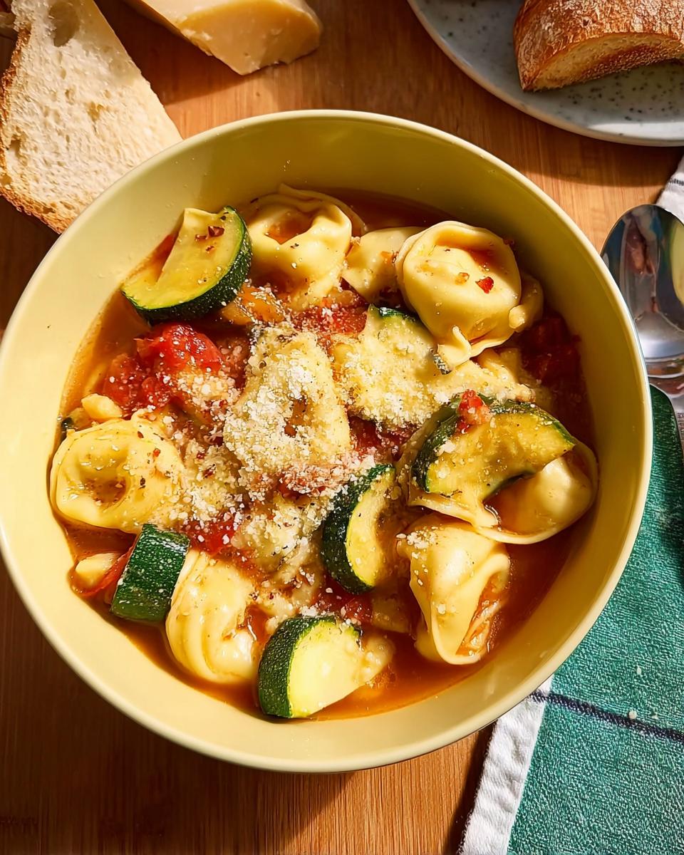A bowl of tortellini soup with zucchini, tomatoes, and grated cheese, perfect for busy weeknights.