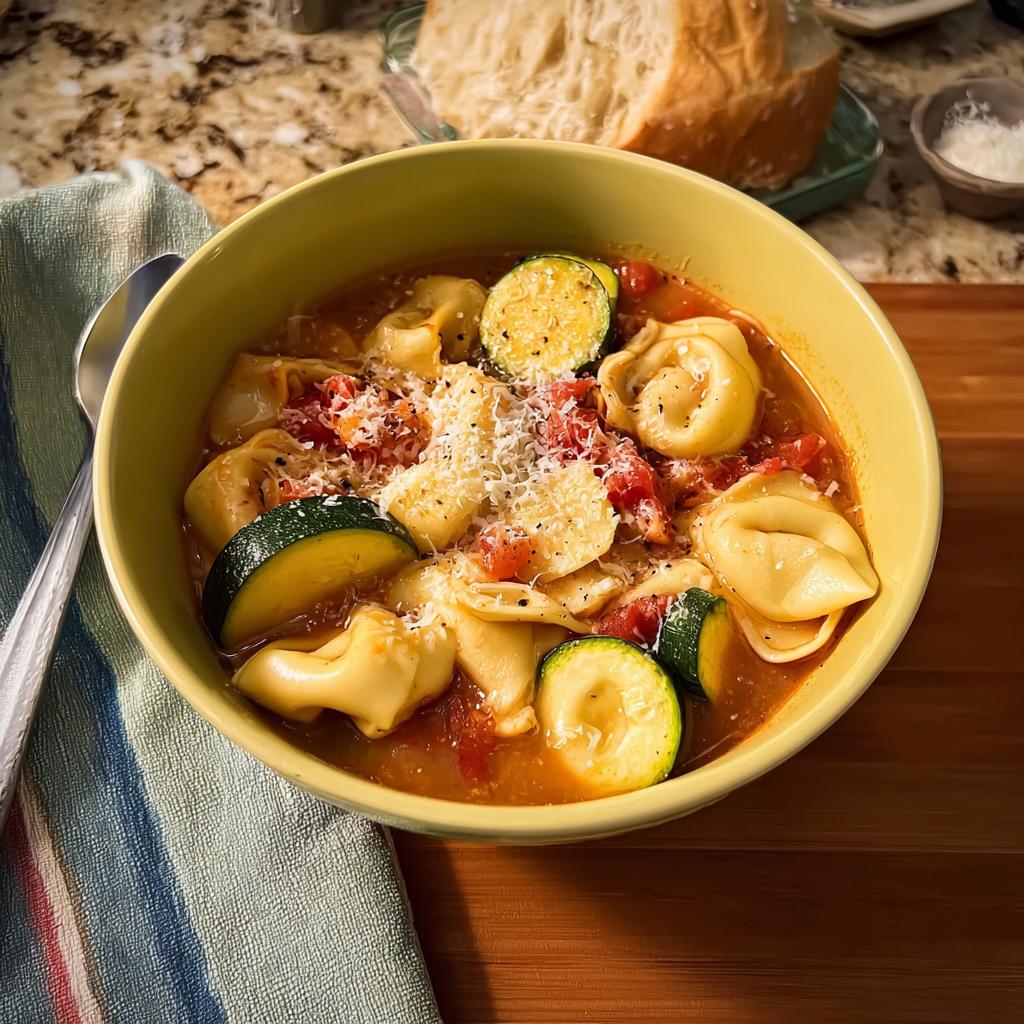 A bowl of tortellini and zucchini soup, topped with parmesan cheese, perfect for one of our 15 Genius Soup Recipes.