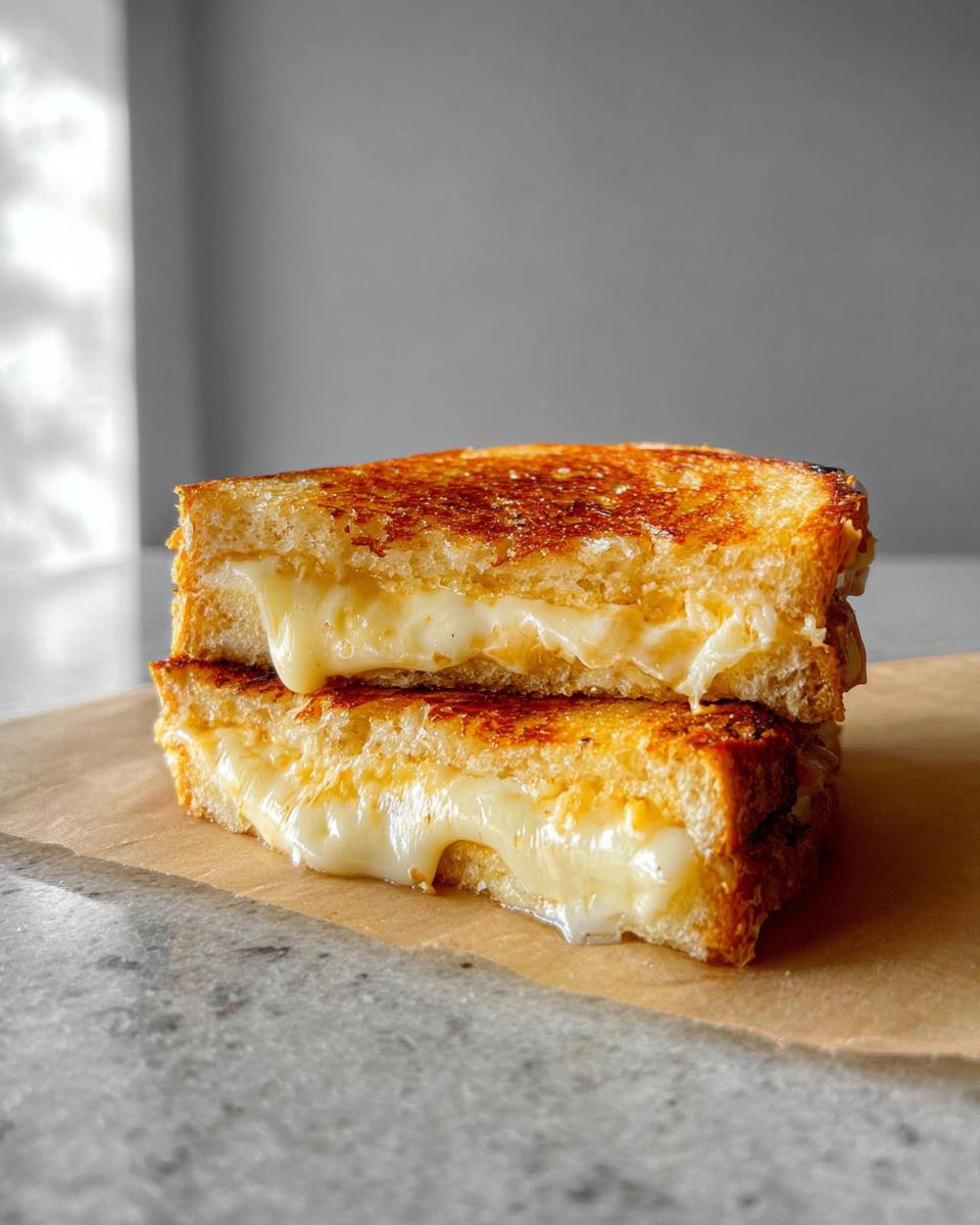 A close-up of two halves of a perfectly grilled cheese sandwich, with gooey melted cheese oozing out.