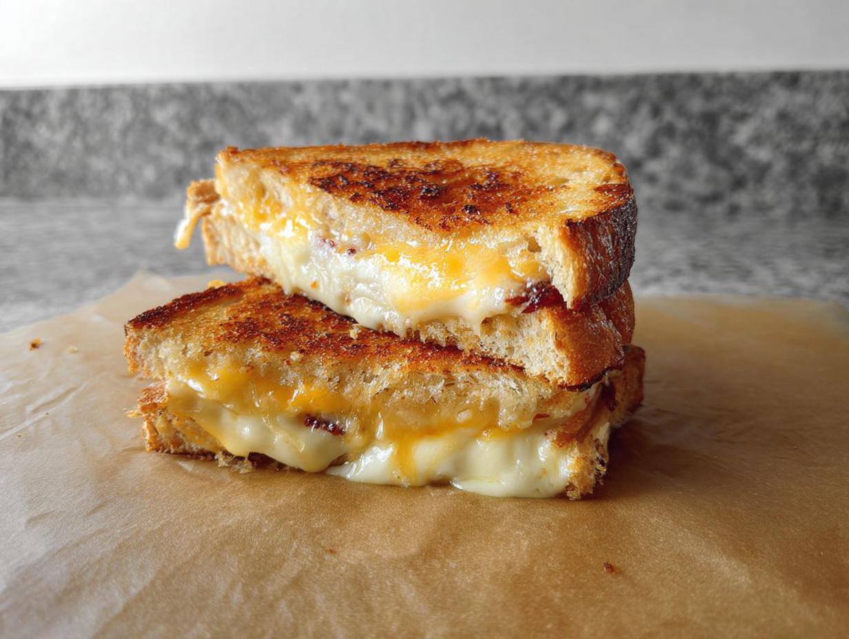 Two halves of a perfectly grilled cheese sandwich, oozing with melted cheese, a beginner's ultimate grilled cheese.
