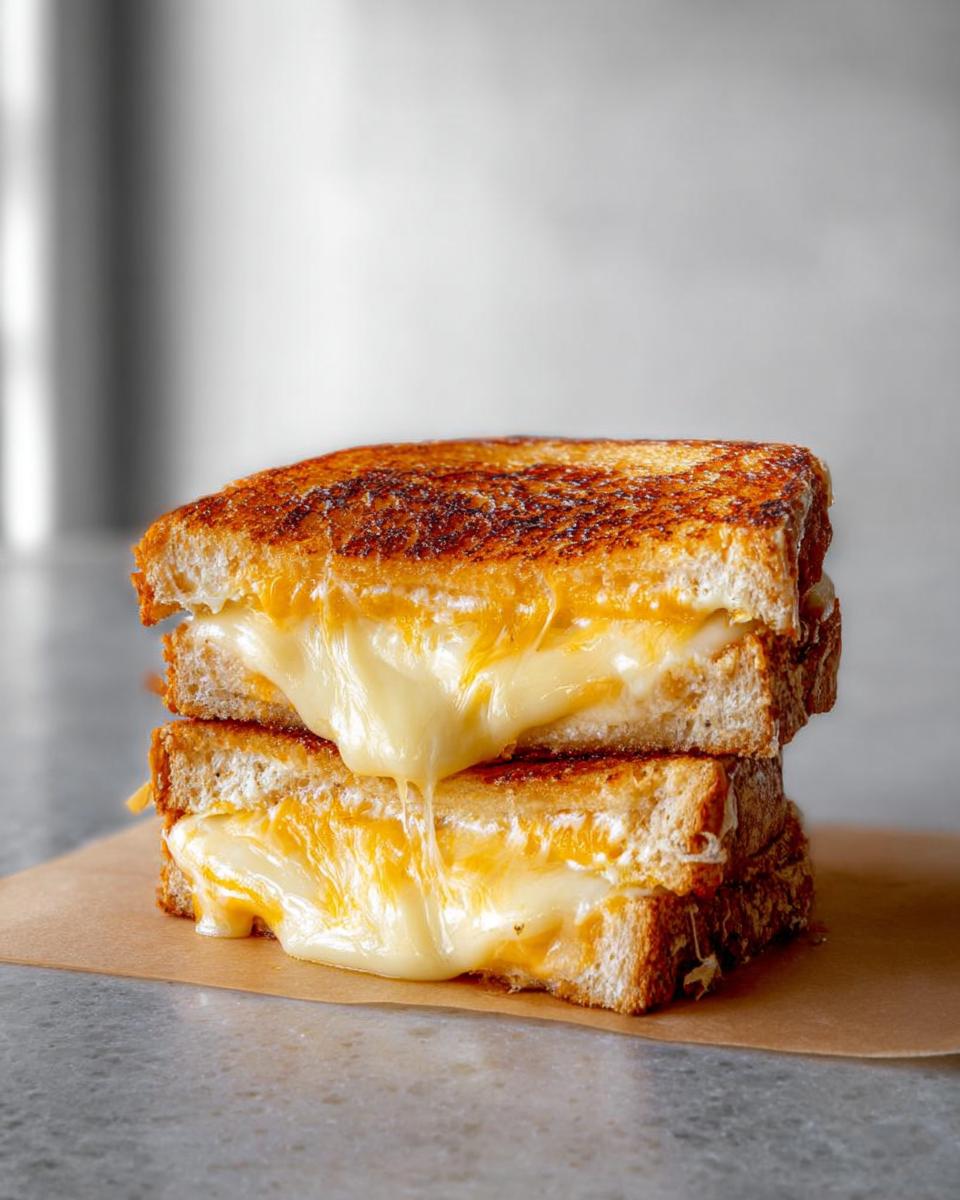 Two halves of a perfectly grilled cheese sandwich stacked, with gooey melted cheese oozing out.