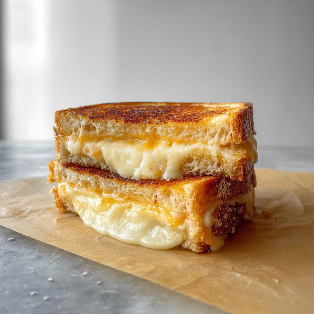 A perfectly grilled cheese sandwich, cut in half, with gooey melted cheese oozing out.