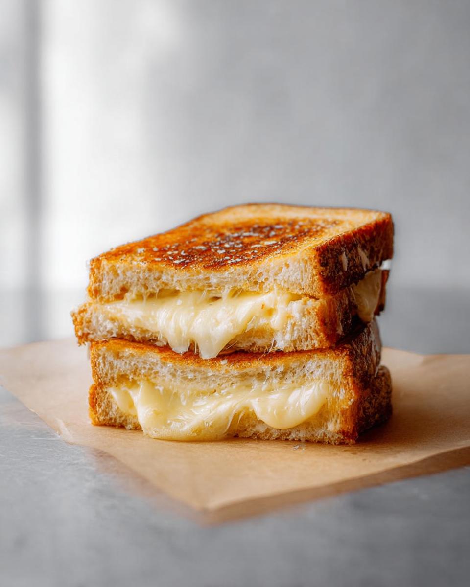 A stack of two perfectly grilled cheese sandwiches with melted cheese oozing out, a beginner's ultimate grilled cheese recipe.