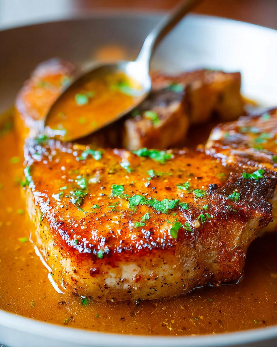 Close-up of perfectly cooked pork chops in a rich, glossy sauce, garnished with fresh herbs.