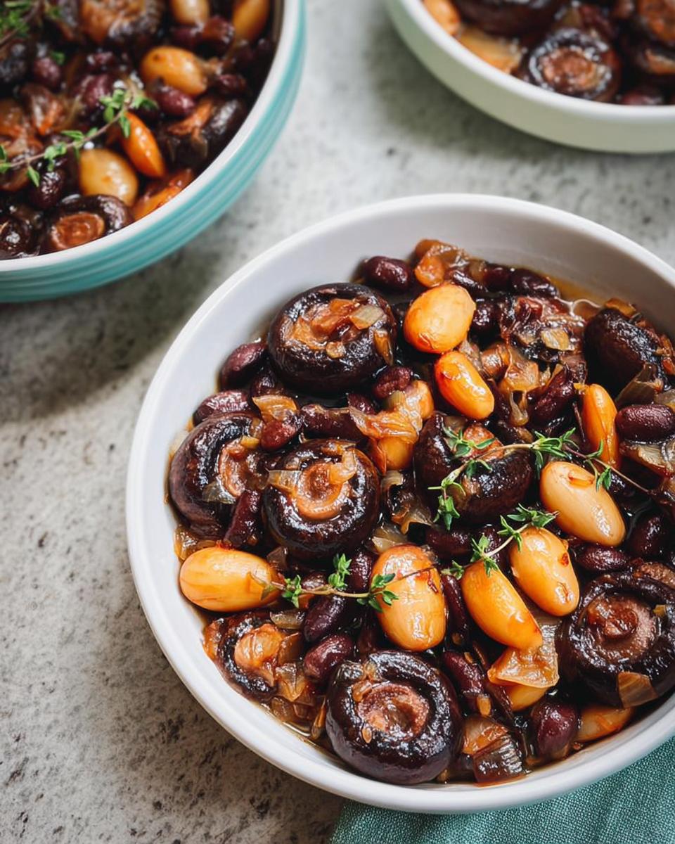 Close-up of a flavorful veggie sides recipe featuring mushrooms, kidney beans, and pearl onions, garnished with thyme.