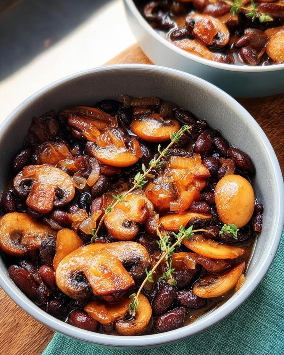 Close-up of a bowl filled with a delicious veggie sides recipe featuring mushrooms, beans, and onions, garnished with thyme.