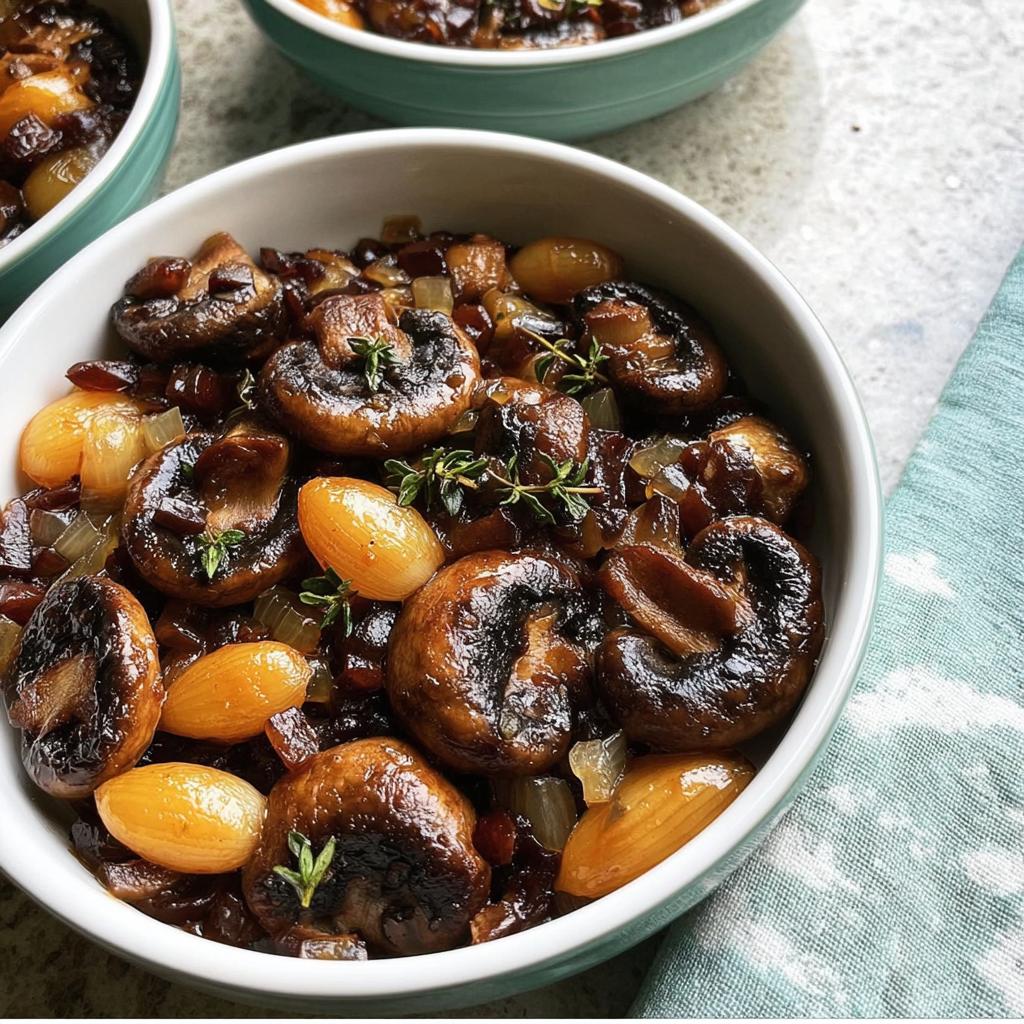 Close-up of a bowl filled with glazed mushrooms, pearl onions, and herbs, a perfect veggie sides recipe.
