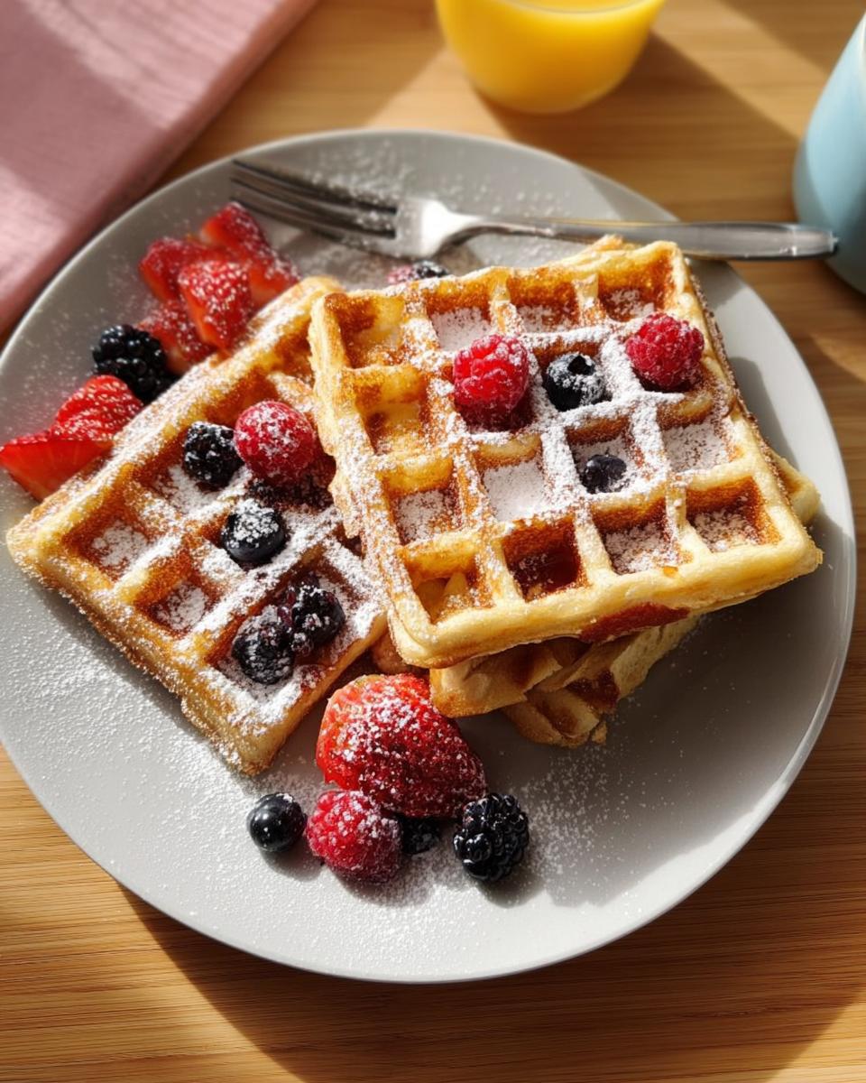 Two golden waffles topped with fresh berries and powdered sugar, part of our quick breakfast ideas recipes.