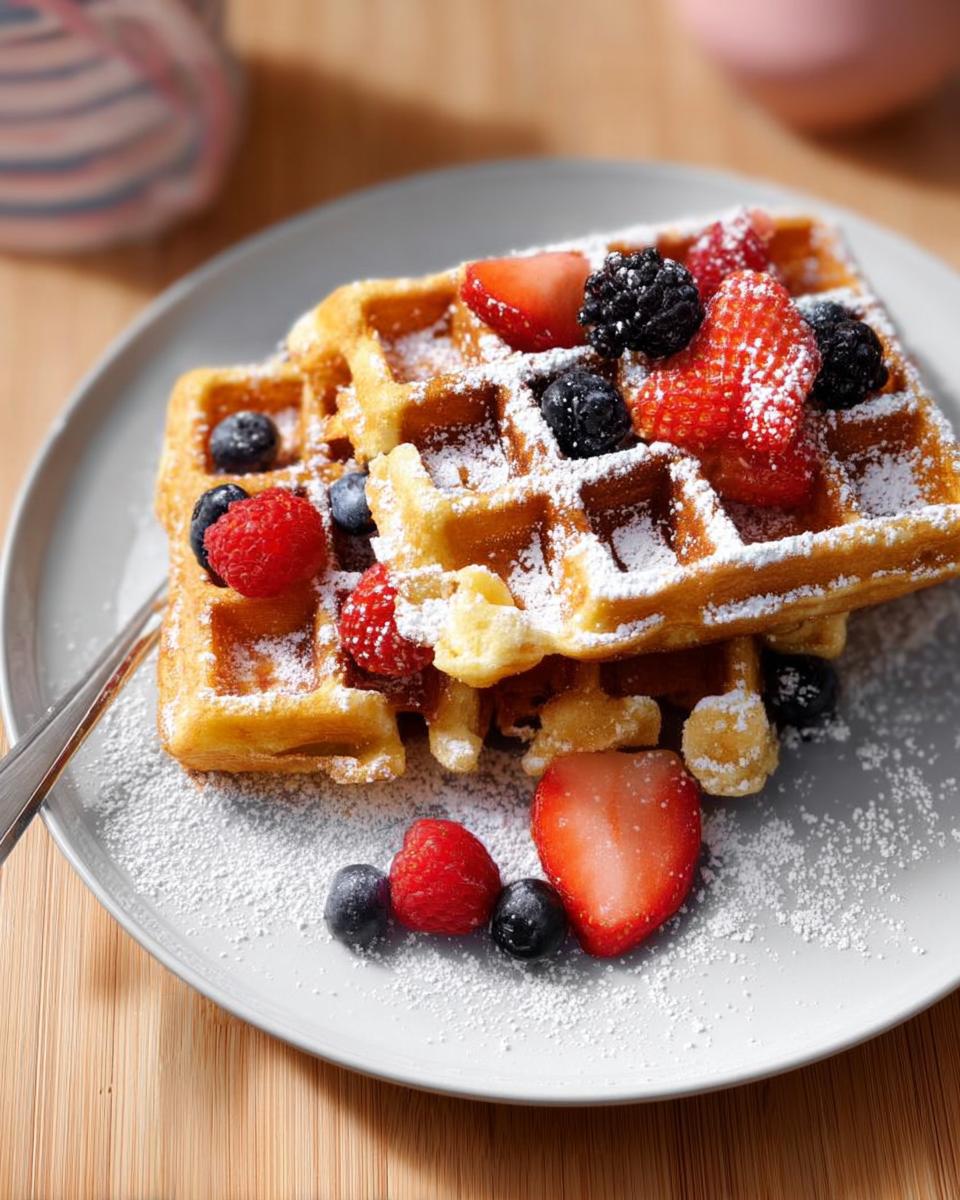 Two golden waffles topped with fresh strawberries, blueberries, raspberries, and blackberries, dusted with powdered sugar. A delicious breakfast idea.