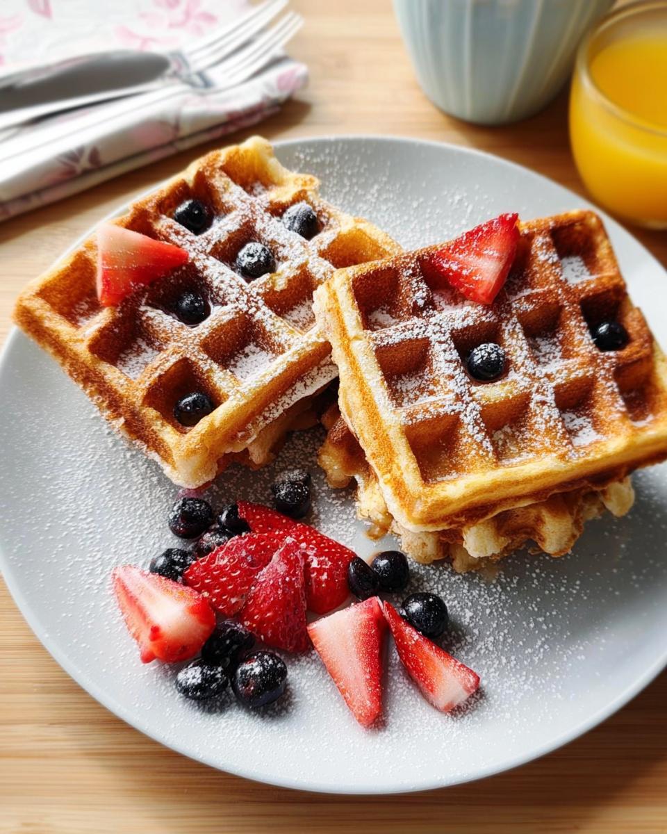 Two golden waffles topped with powdered sugar, fresh blueberries, and strawberry slices, part of our quick breakfast ideas recipes.