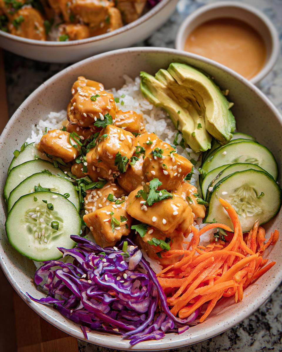 A close-up of a vibrant Bang Bang Chicken Bowl featuring tender chicken, rice, sliced avocado, cucumber, shredded carrots, and red cabbage.