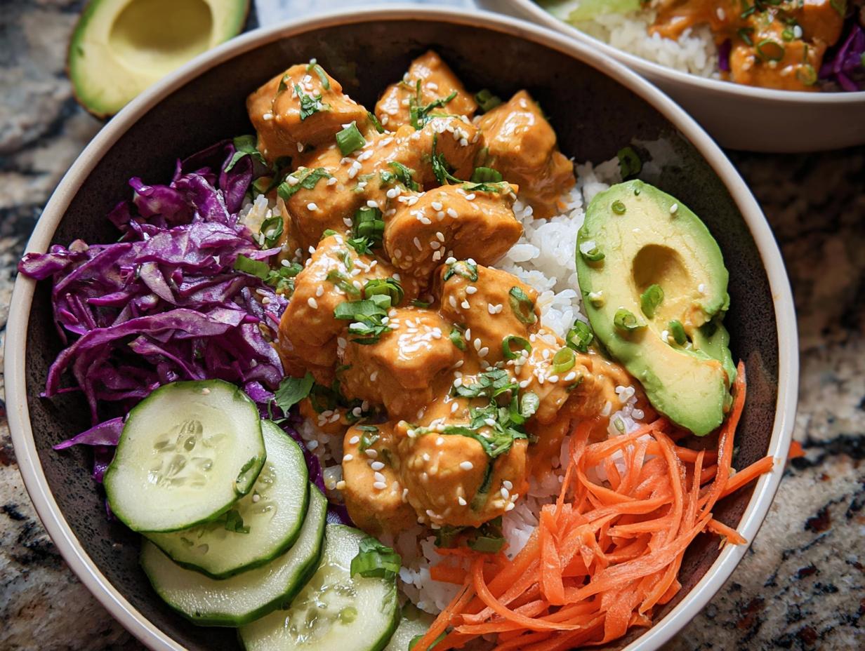 A close-up of a Bang Bang Chicken Bowl featuring tender chicken pieces in a creamy sauce over rice, with fresh avocado, shredded carrots, cucumber, and red cabbage.