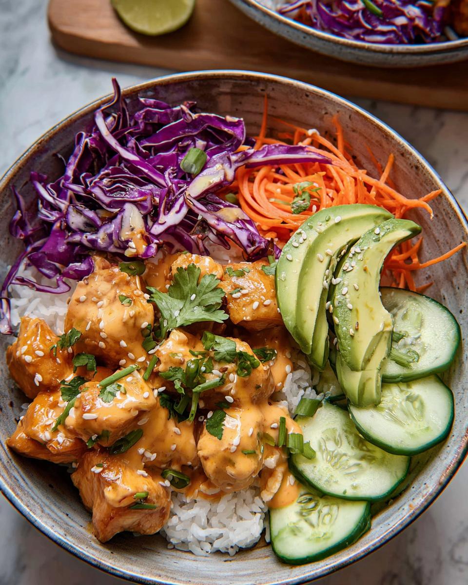 A vibrant Bang Bang Chicken Bowl filled with rice, creamy chicken, shredded red cabbage, carrots, avocado, and cucumber slices.
