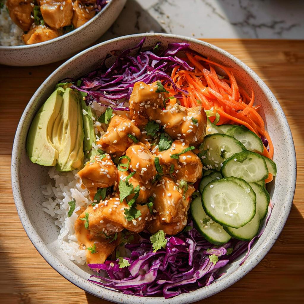 A vibrant Bang Bang Chicken Bowl filled with rice, chicken, avocado, shredded carrots, red cabbage, and cucumber slices.