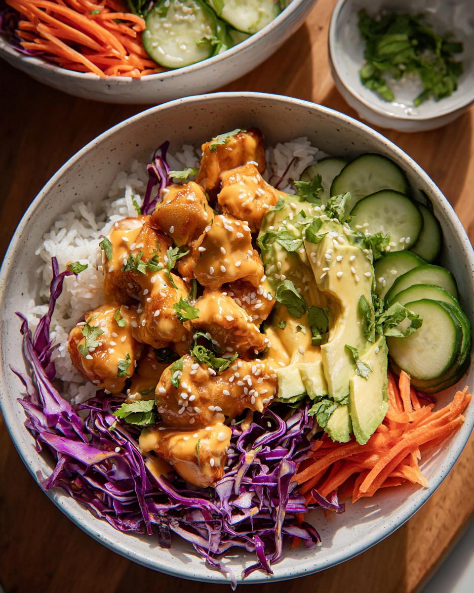A close-up of a vibrant Bang Bang Chicken Bowl filled with rice, crispy chicken, avocado, cucumber, shredded carrots, and red cabbage.