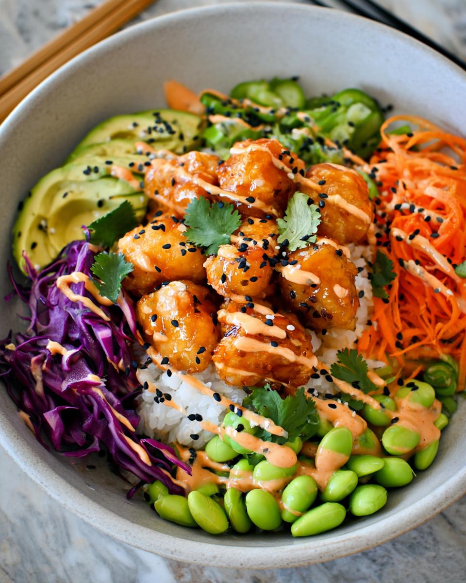 A close-up of a Bang Bang Salmon Bites Bowl, featuring crispy salmon bites, rice, avocado, shredded carrots, red cabbage, and edamame, drizzled with sauce.
