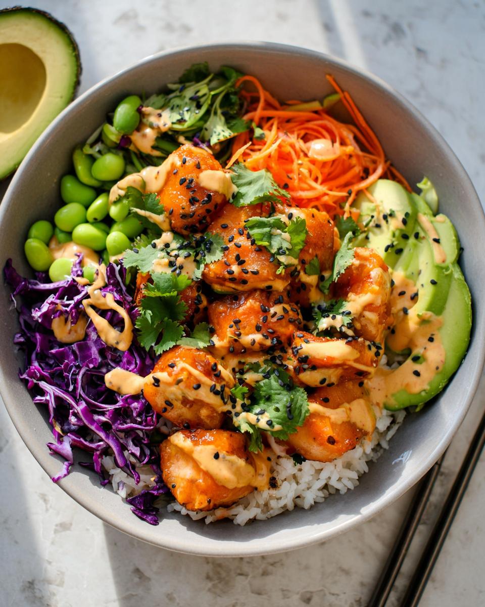 A vibrant bowl filled with rice, crispy Bang Bang Salmon Bites, avocado, edamame, shredded carrots, and red cabbage, drizzled with sauce.