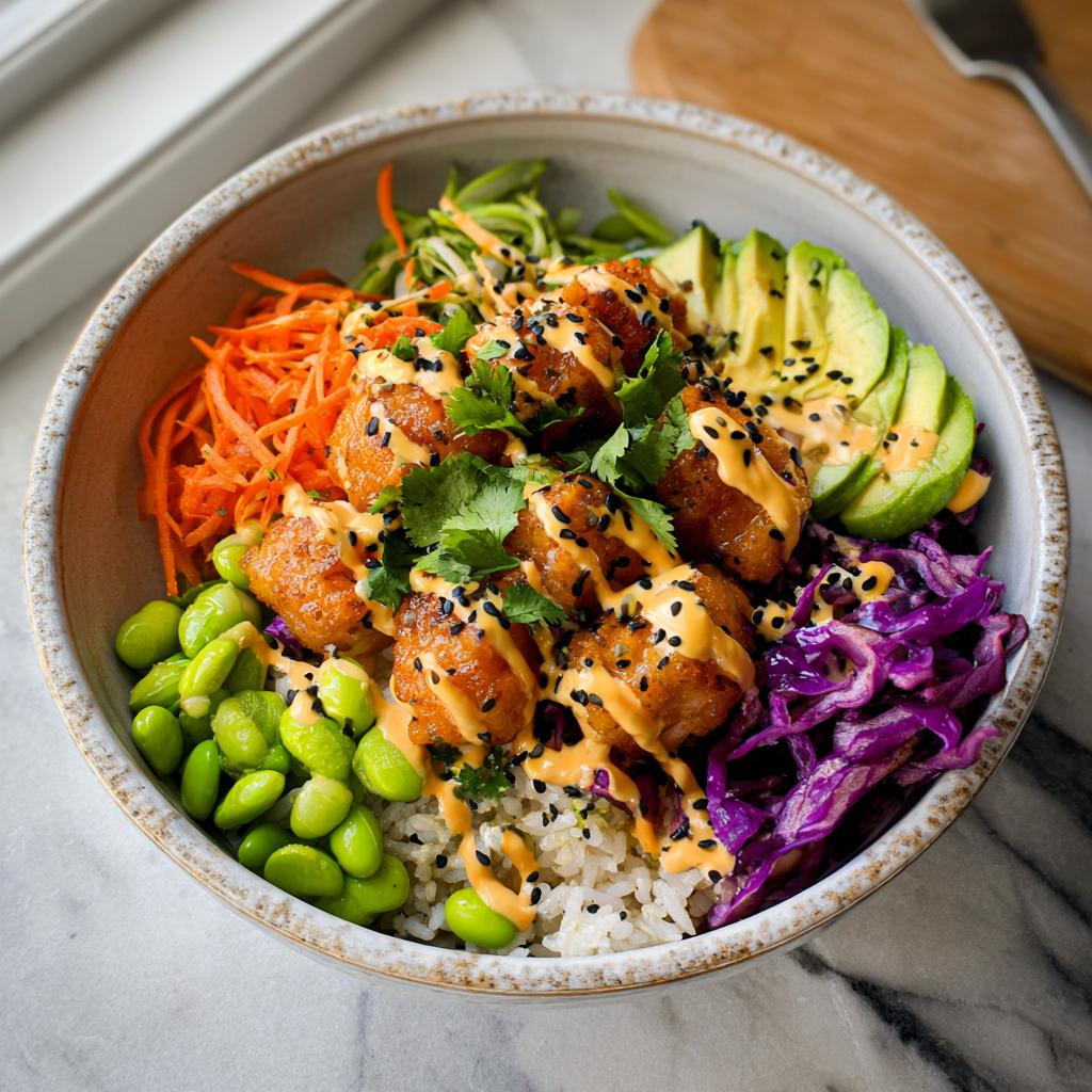 A vibrant bowl filled with rice, edamame, shredded carrots, red cabbage, avocado slices, and crispy Bang Bang Salmon Bites, drizzled with sauce and sesame seeds.