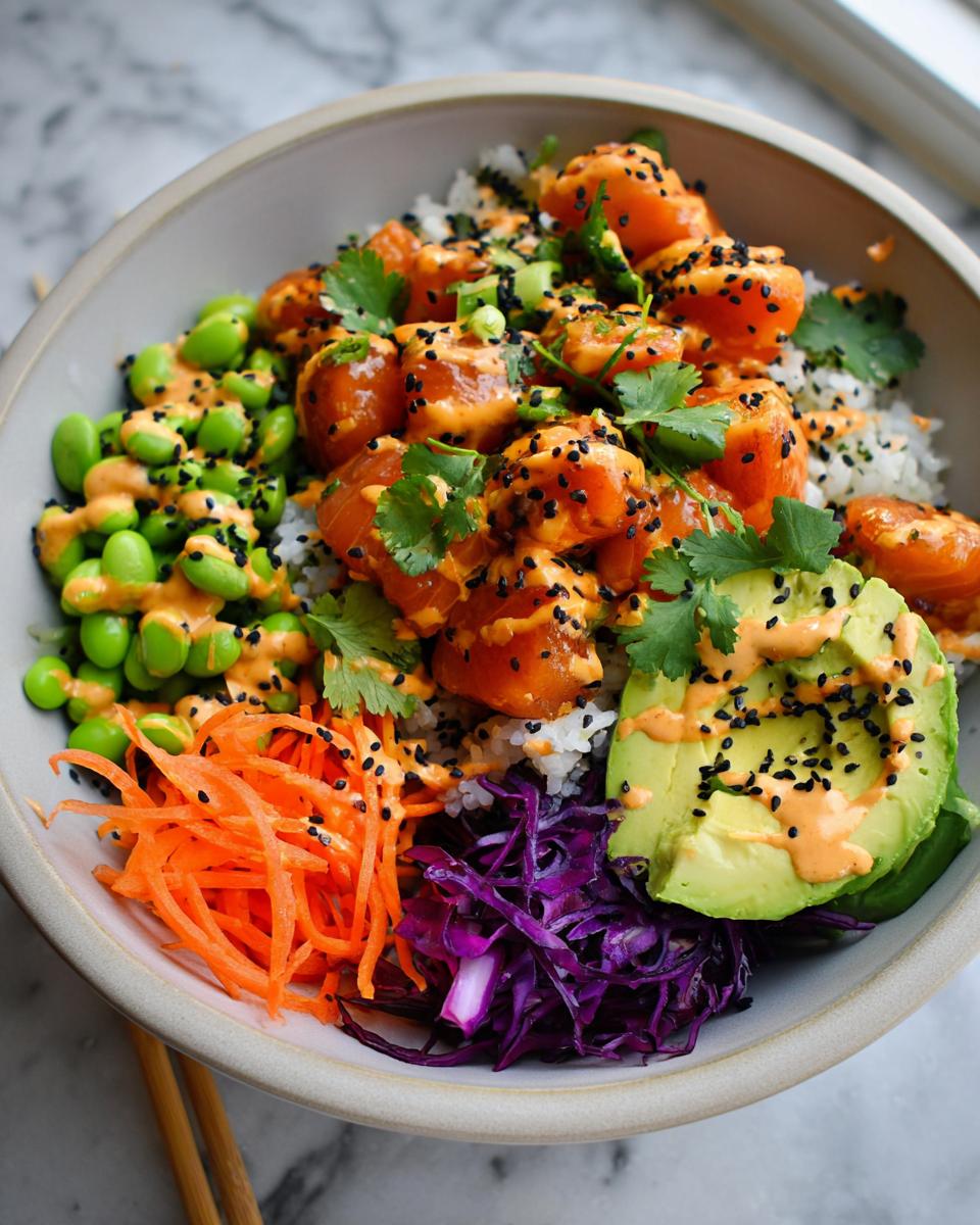 A vibrant bowl of Bang Bang Salmon Bites Bowls with salmon, rice, edamame, avocado, carrots, and red cabbage.