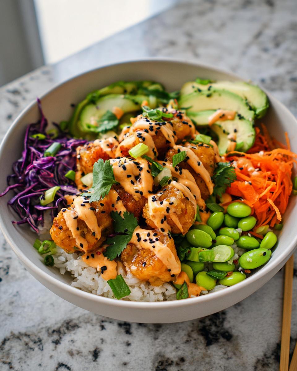 A vibrant bowl of Bang Bang Salmon Bites Bowls with rice, edamame, shredded carrots, red cabbage, and sliced avocado, drizzled with sauce.
