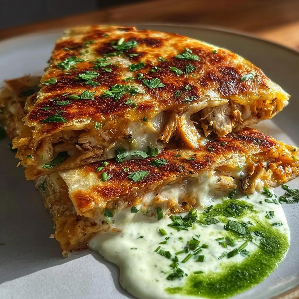 Close-up of Cheesy Hot Honey Chicken Quesadillas cut in half, with melted cheese oozing out and a side of jalapeño cream sauce.
