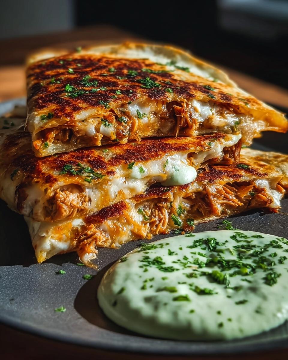 Close-up of Cheesy Hot Honey Chicken Quesadillas stacked on a plate with spicy jalapeño cream sauce.