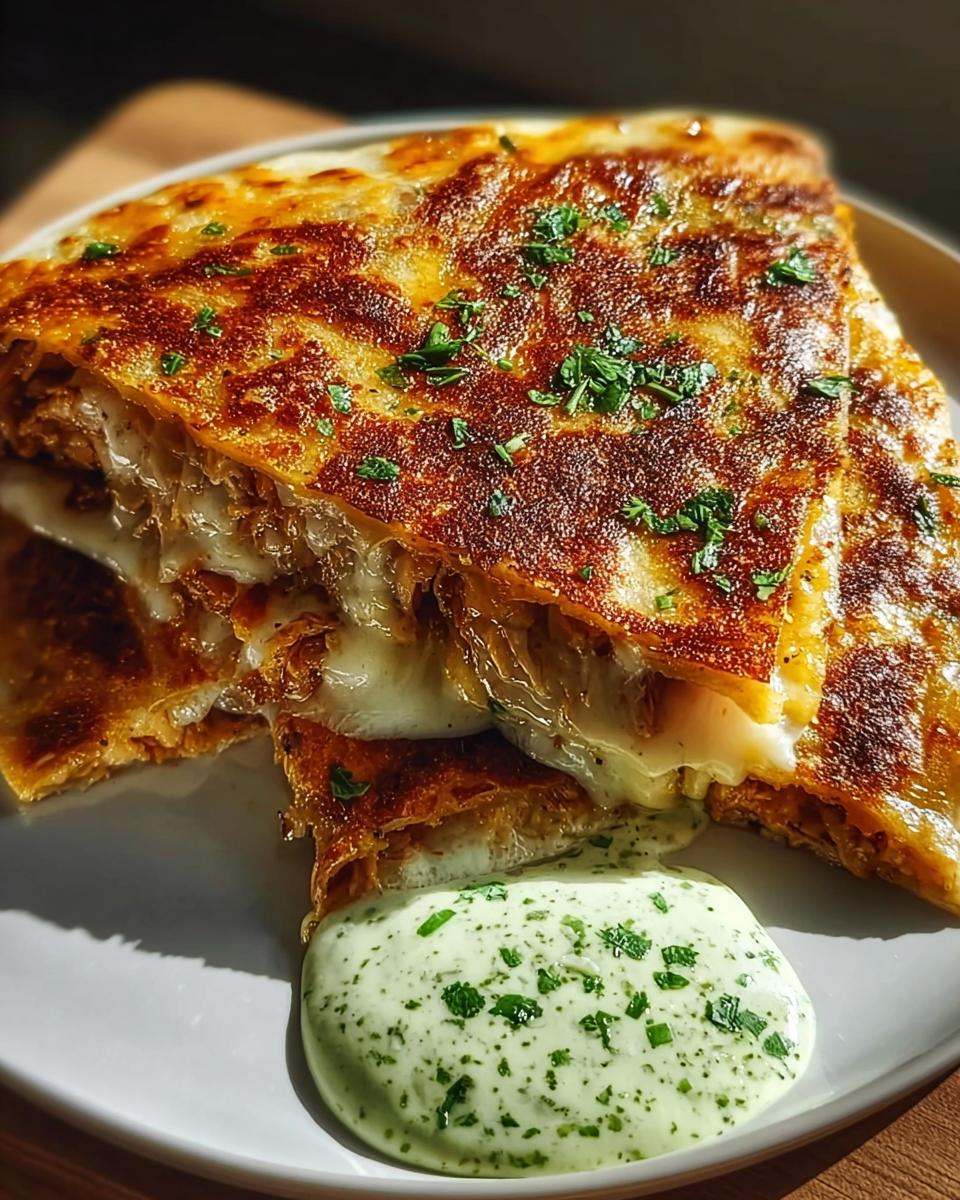 Close-up of Cheesy Hot Honey Chicken Quesadillas sliced and served with a dollop of creamy jalapeño sauce.