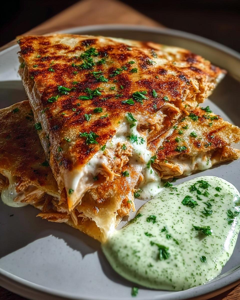 Close-up of cheesy hot honey chicken quesadillas cut into wedges, served with a side of spicy jalapeño cream sauce and garnished with parsley.