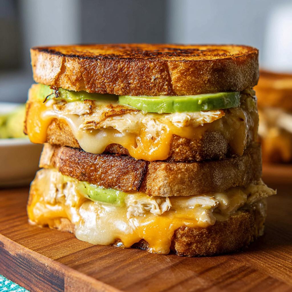 A tall stack of a CHICKEN AVOCADO MELT SANDWICH with melted cheese and avocado slices.