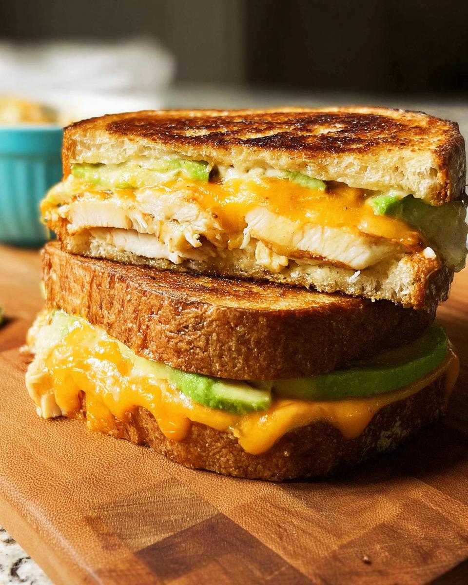 A close-up of a stacked CHICKEN AVOCADO MELT SANDWICH with melted cheese and avocado slices on toasted bread.